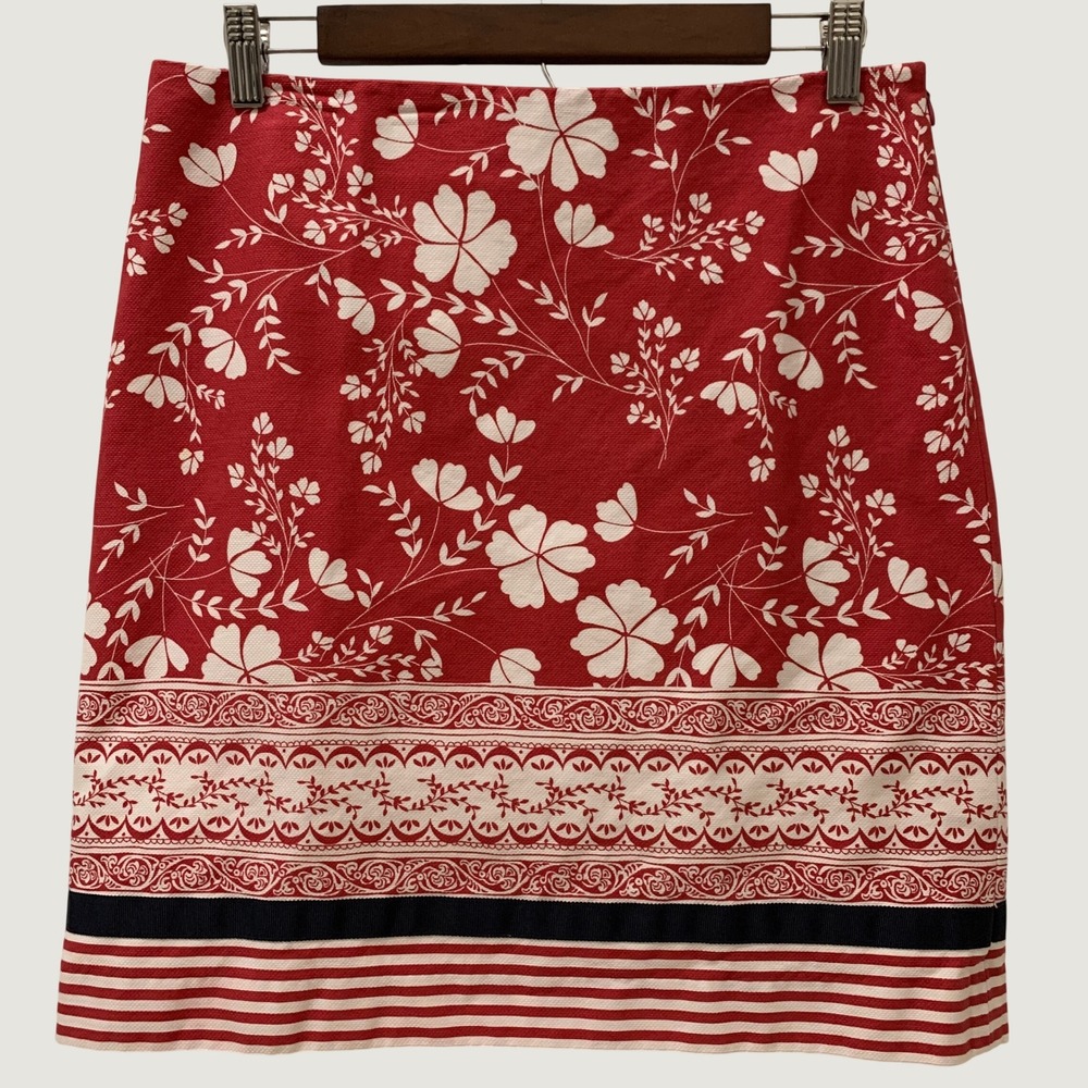 Ann Taylor LOFT Pencil Skirt Women's 8P Red Floral Print Textured Lined Cotton